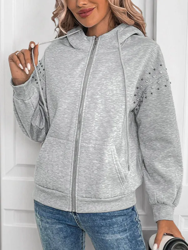 Trendy Heather Gray Zip-Up Hoodie with Studded Sleeves