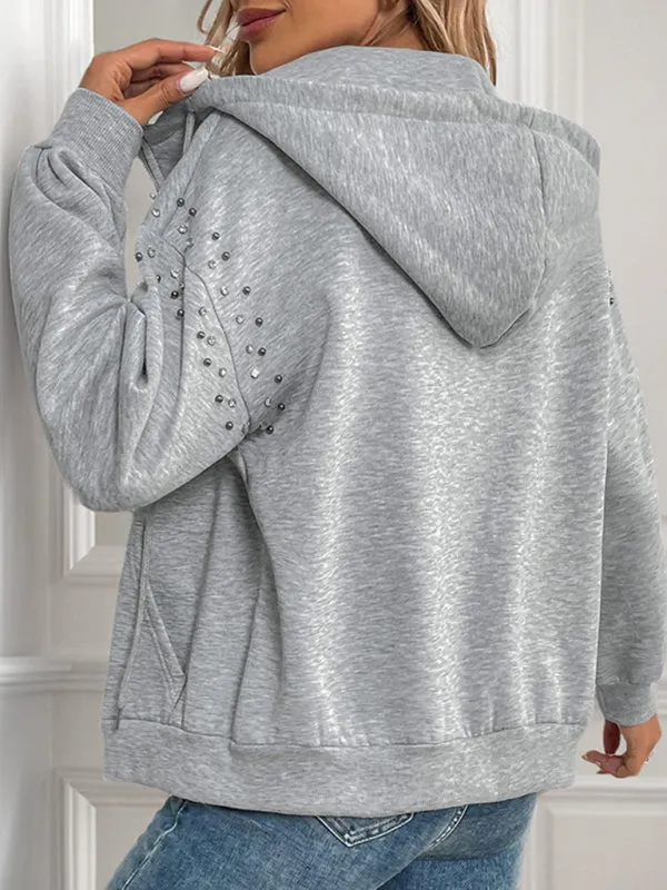 Trendy Heather Gray Zip-Up Hoodie with Studded Sleeves