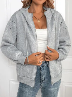 Trendy Heather Gray Zip-Up Hoodie with Studded Sleeves