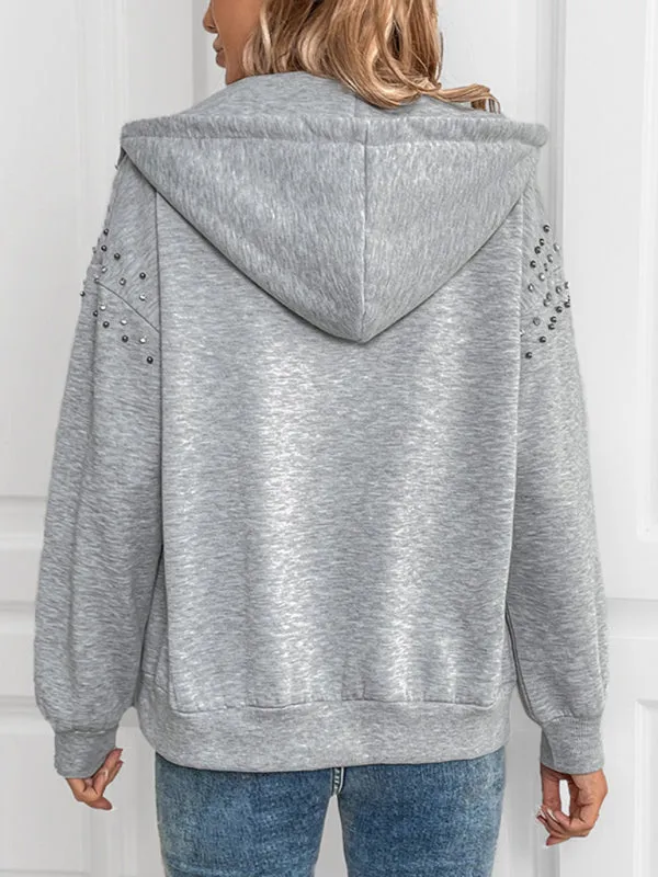 Trendy Heather Gray Zip-Up Hoodie with Studded Sleeves