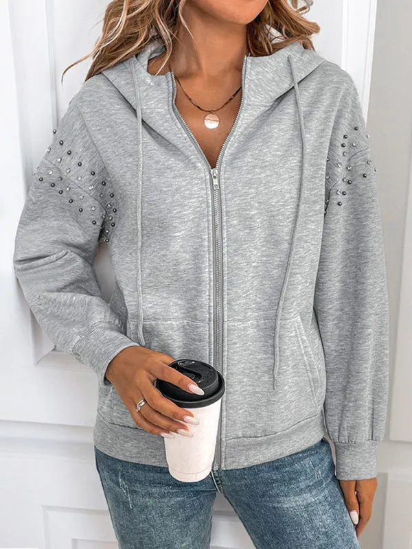 Trendy Heather Gray Zip-Up Hoodie with Studded Sleeves