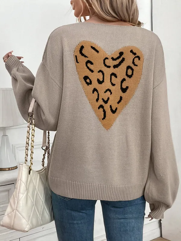 Trendy Oversized Sweater with Leopard Heart Patch