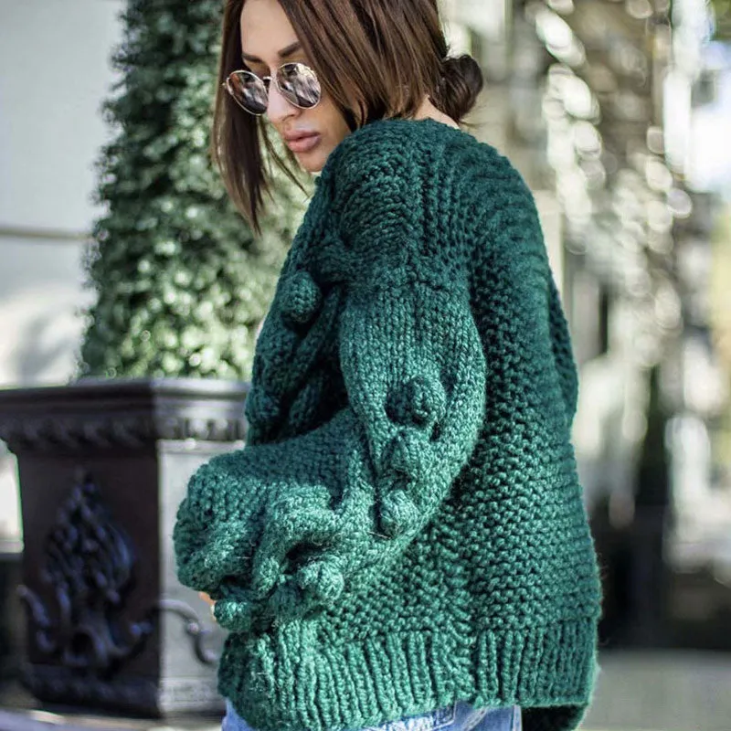 Trendy Pom Pom Trimmed Cable Knit Sweater Cardigan - Emerald Green