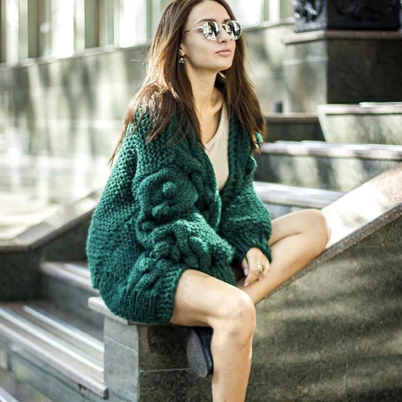 Trendy Pom Pom Trimmed Cable Knit Sweater Cardigan - Emerald Green