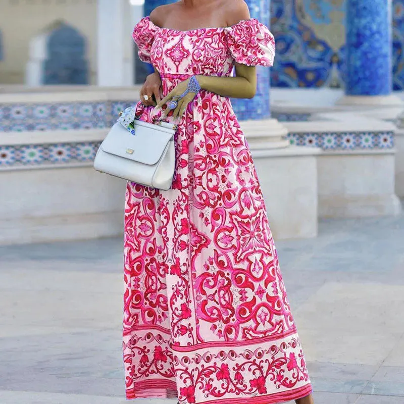 Waist Pleated Backless Evening Boho Maxi Elegant Off Shoulder Puff Sleeve Floral Print Dress