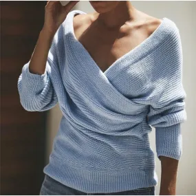 Women's Crossed V Neck Soft Knit Sweater Pullover