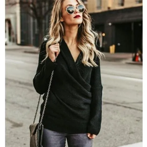 Women's Crossed V Neck Soft Knit Sweater Pullover