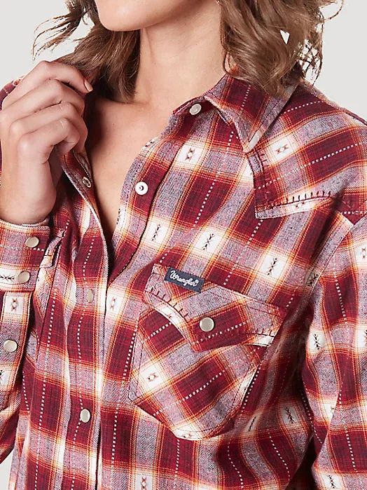 Wrangler Women's Modern Boyfriend Fit Button Down Plaid Shirt in Red