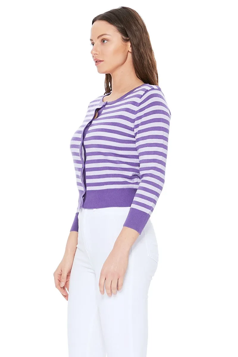 Yemak Women's 3/4 Sleeve Crewneck Striped Sweater Cardigan MK3521