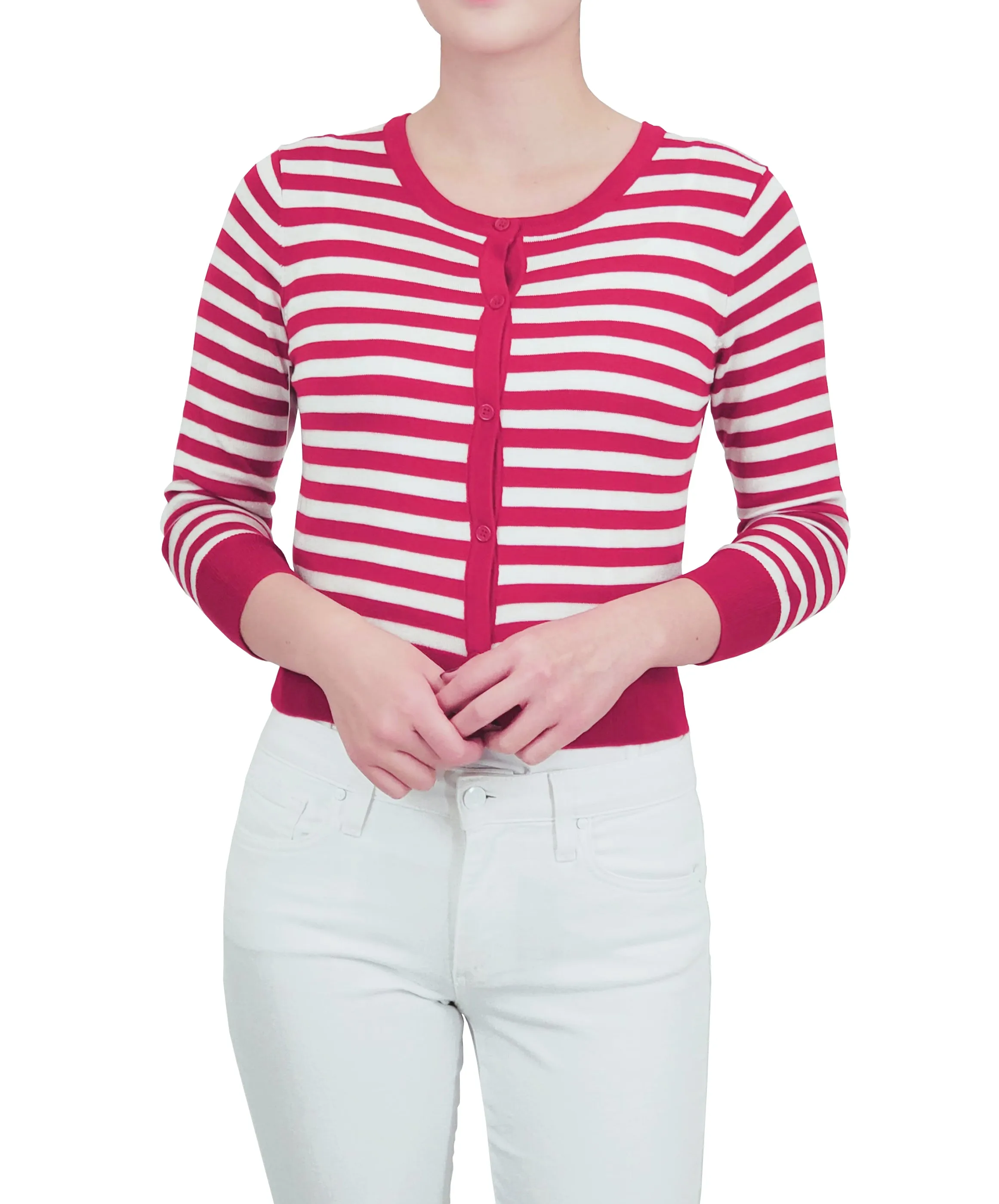 Yemak Women's 3/4 Sleeve Crewneck Striped Sweater Cardigan MK3521