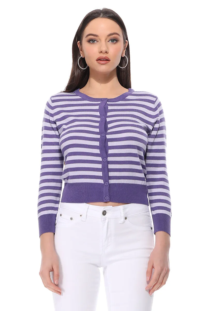 Yemak Women's 3/4 Sleeve Crewneck Striped Sweater Cardigan MK3521