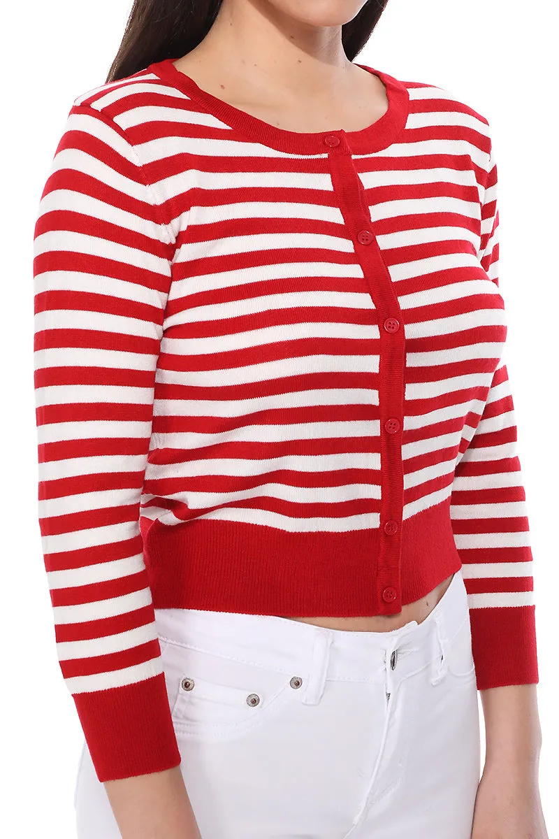 Yemak Women's 3/4 Sleeve Crewneck Striped Sweater Cardigan MK3521