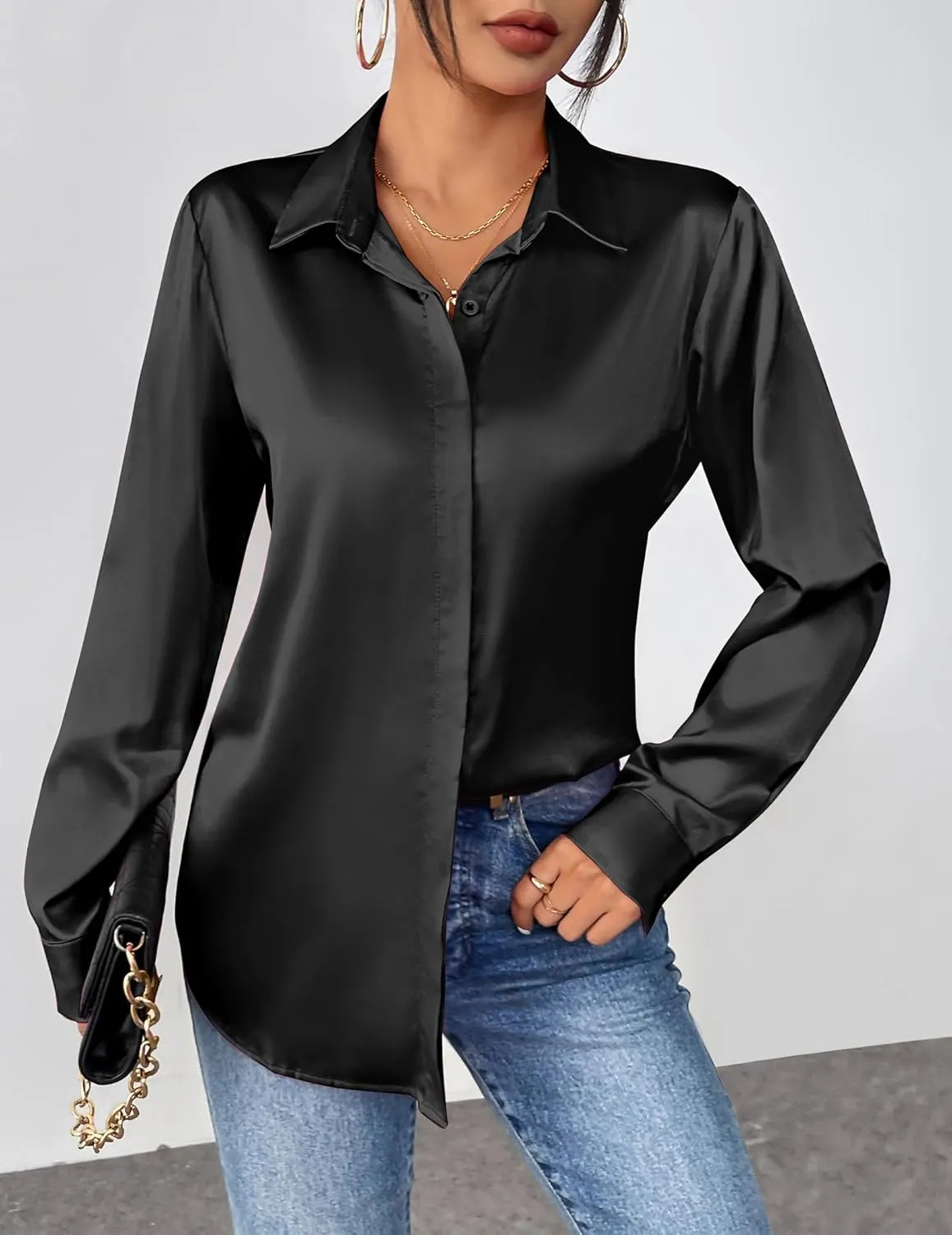 Zeagoo Satin Blouses for Women Casual Long Sleeve Button Down Silk Shirts Dressy Business Work Tunic Top