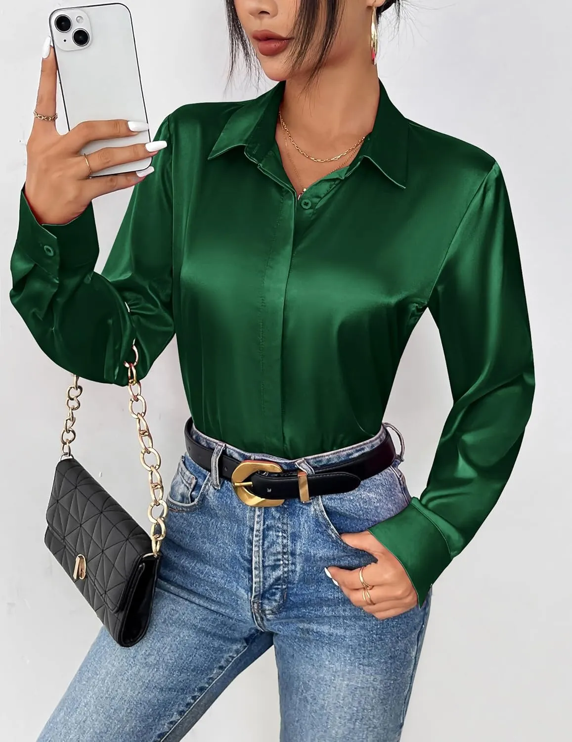 Zeagoo Satin Blouses for Women Casual Long Sleeve Button Down Silk Shirts Dressy Business Work Tunic Top