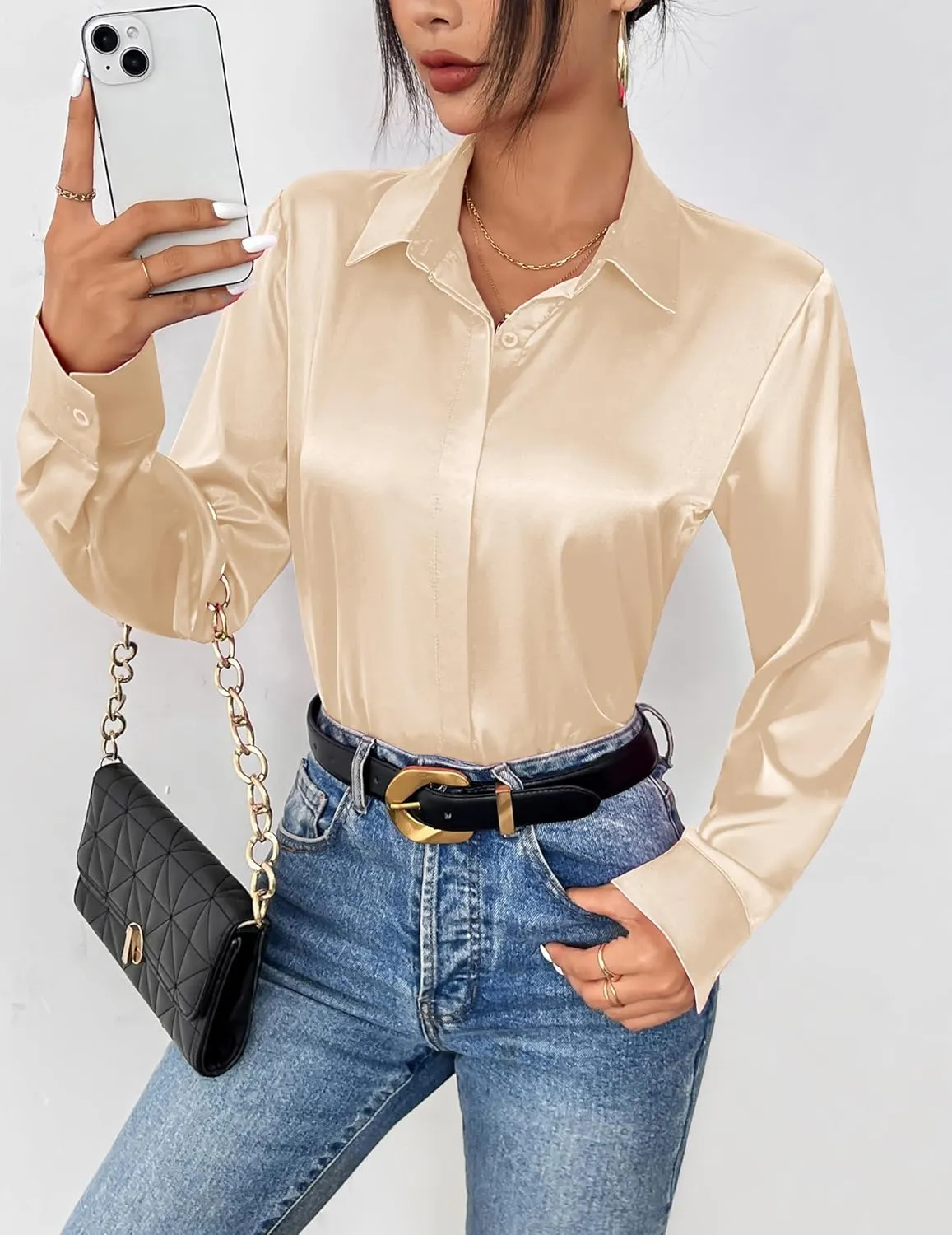 Zeagoo Satin Blouses for Women Casual Long Sleeve Button Down Silk Shirts Dressy Business Work Tunic Top