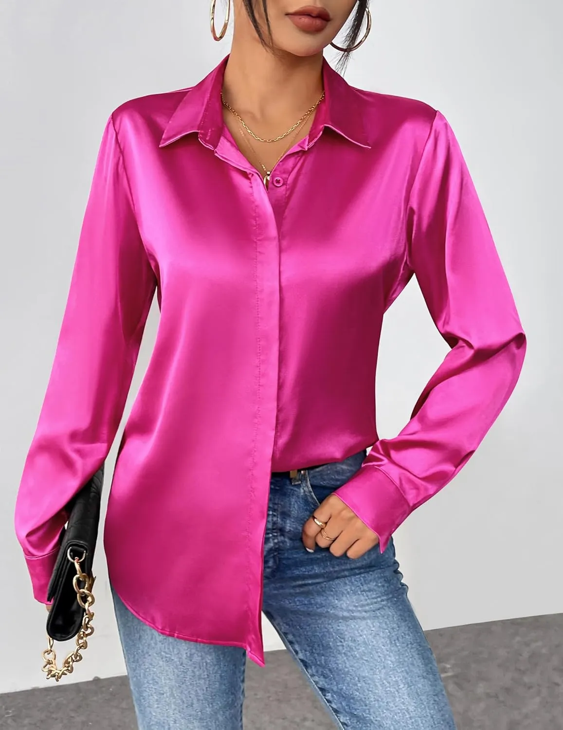 Zeagoo Satin Blouses for Women Casual Long Sleeve Button Down Silk Shirts Dressy Business Work Tunic Top