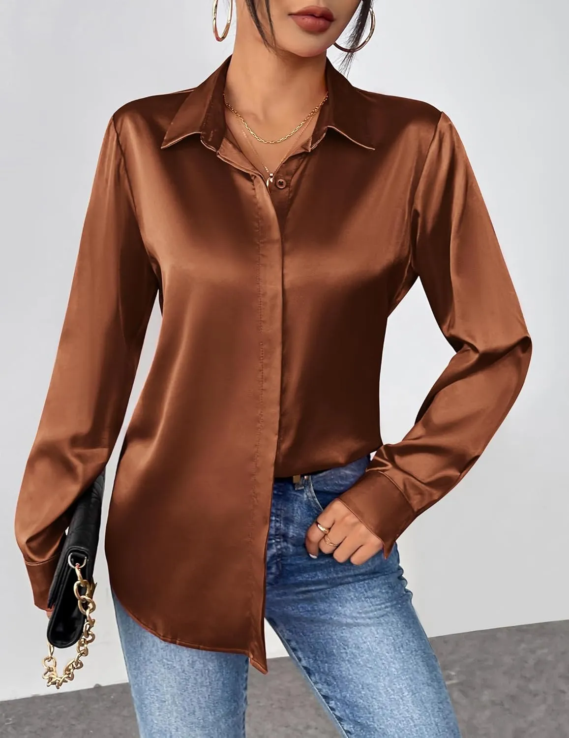 Zeagoo Satin Blouses for Women Casual Long Sleeve Button Down Silk Shirts Dressy Business Work Tunic Top