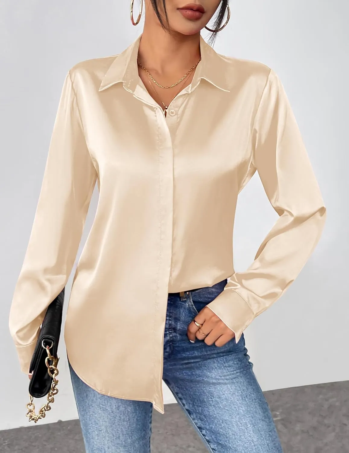 Zeagoo Satin Blouses for Women Casual Long Sleeve Button Down Silk Shirts Dressy Business Work Tunic Top