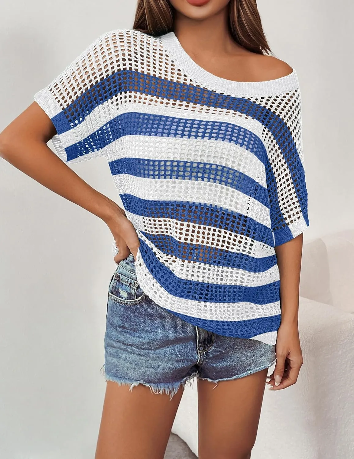 Zeagoo Short Sleeve Crochet Sweater Tops