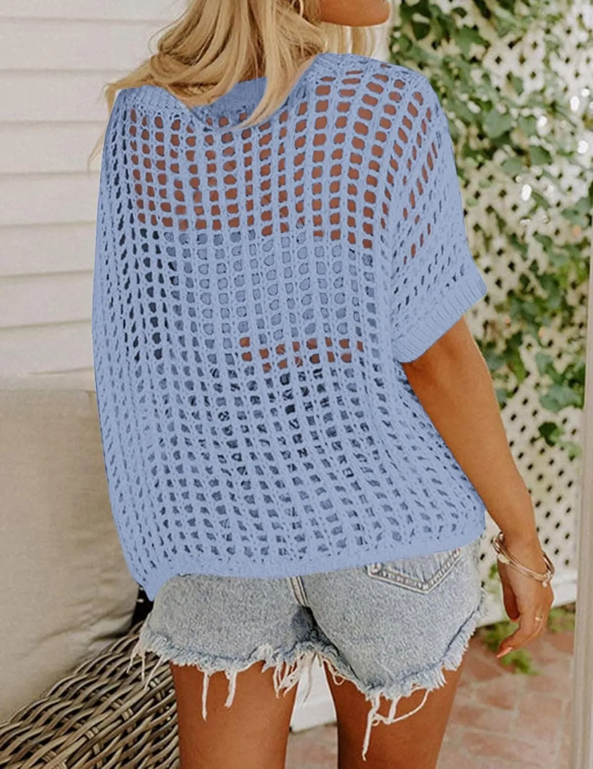 Zeagoo Short Sleeve Crochet Sweater Tops