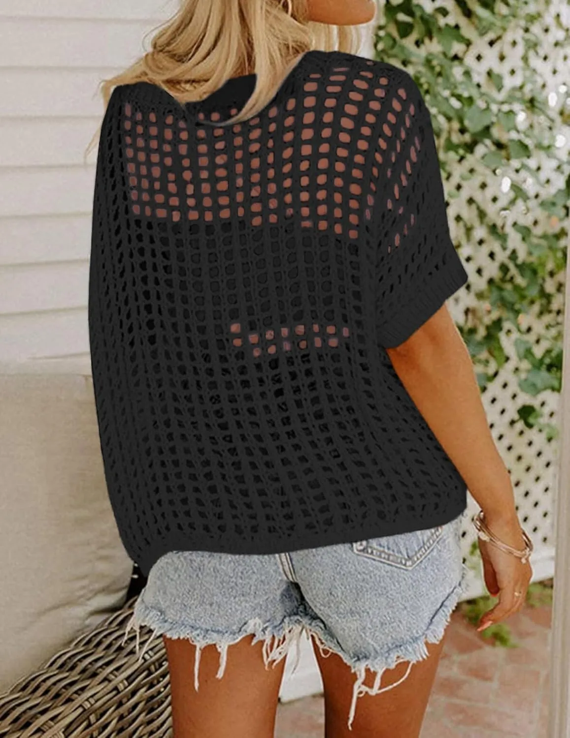 Zeagoo Short Sleeve Crochet Sweater Tops