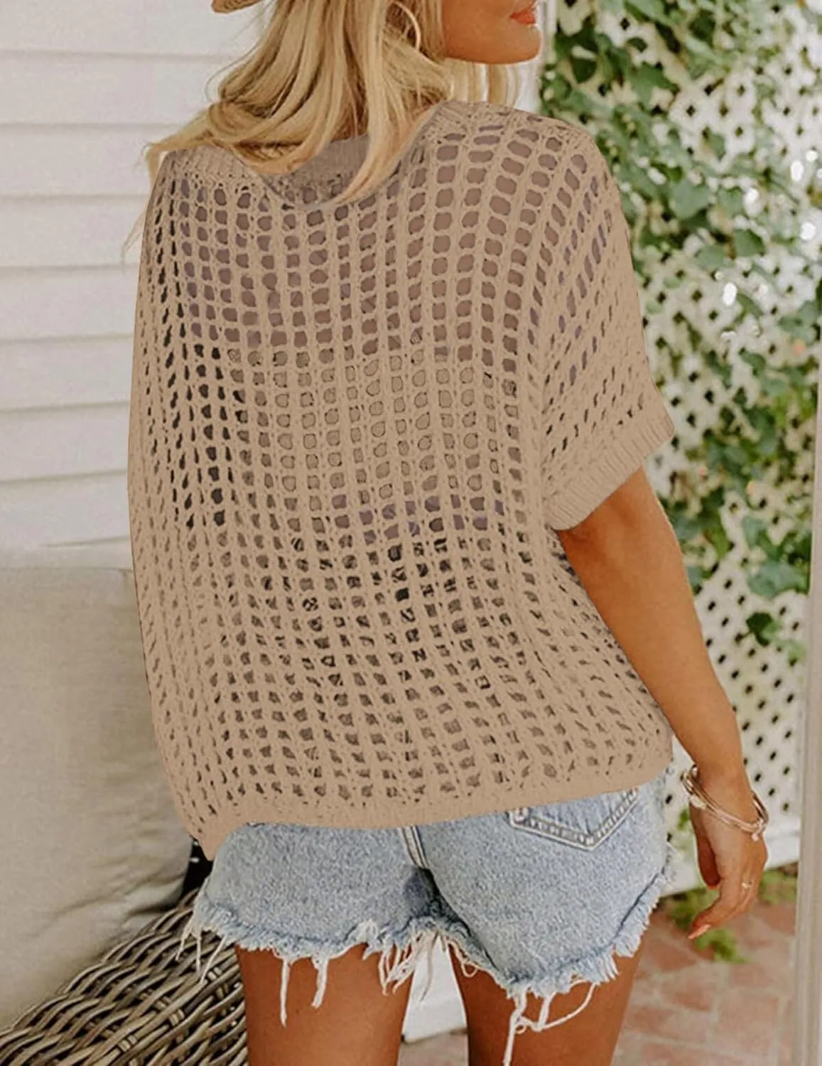 Zeagoo Short Sleeve Crochet Sweater Tops