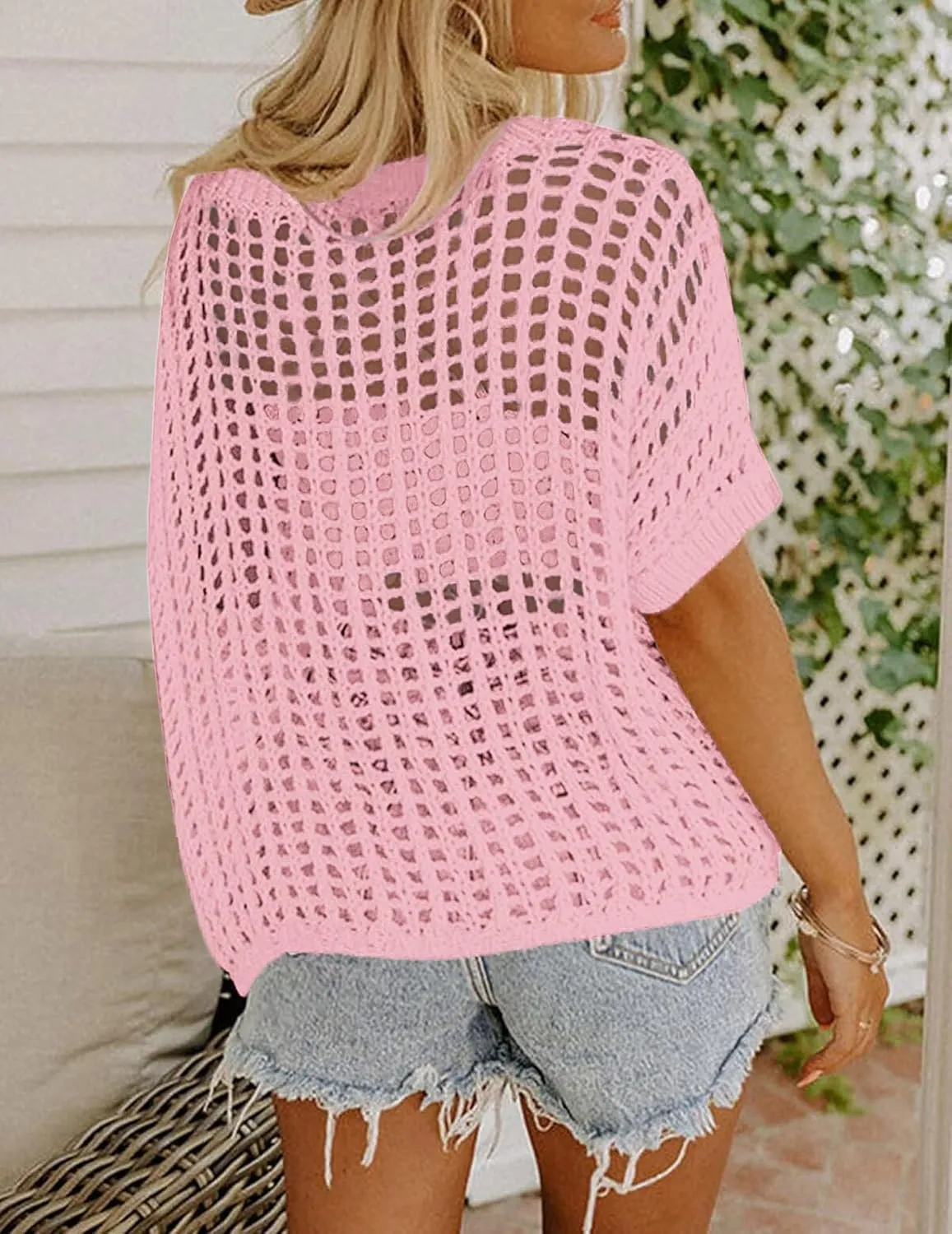 Zeagoo Short Sleeve Crochet Sweater Tops