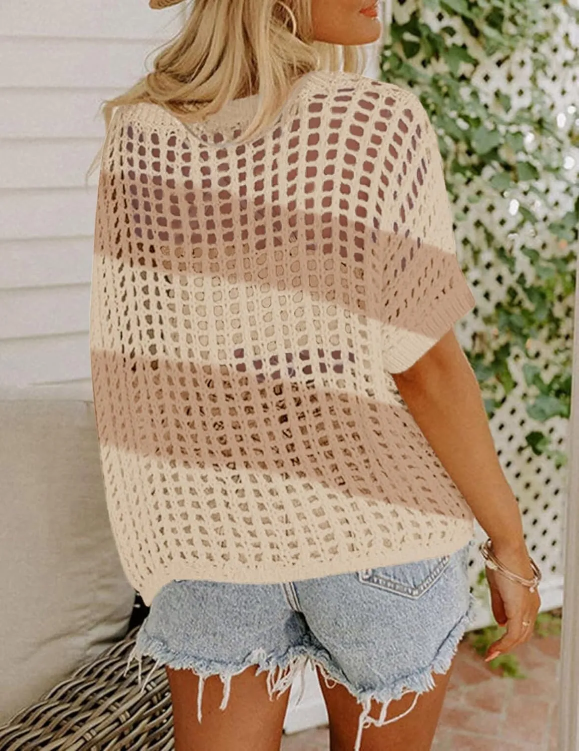 Zeagoo Short Sleeve Crochet Sweater Tops