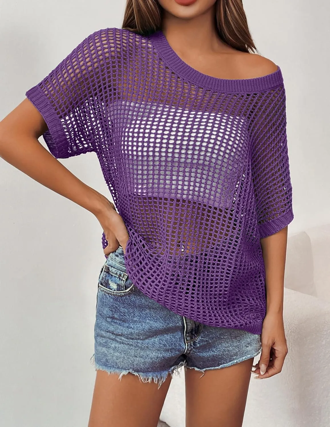 Zeagoo Short Sleeve Crochet Sweater Tops