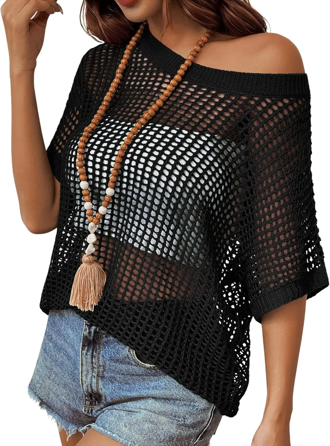 Zeagoo Short Sleeve Crochet Sweater Tops