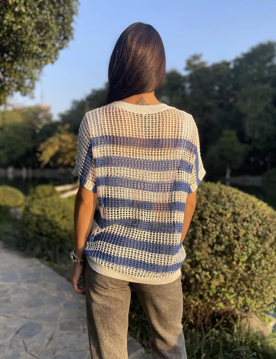 Zeagoo Short Sleeve Crochet Sweater Tops