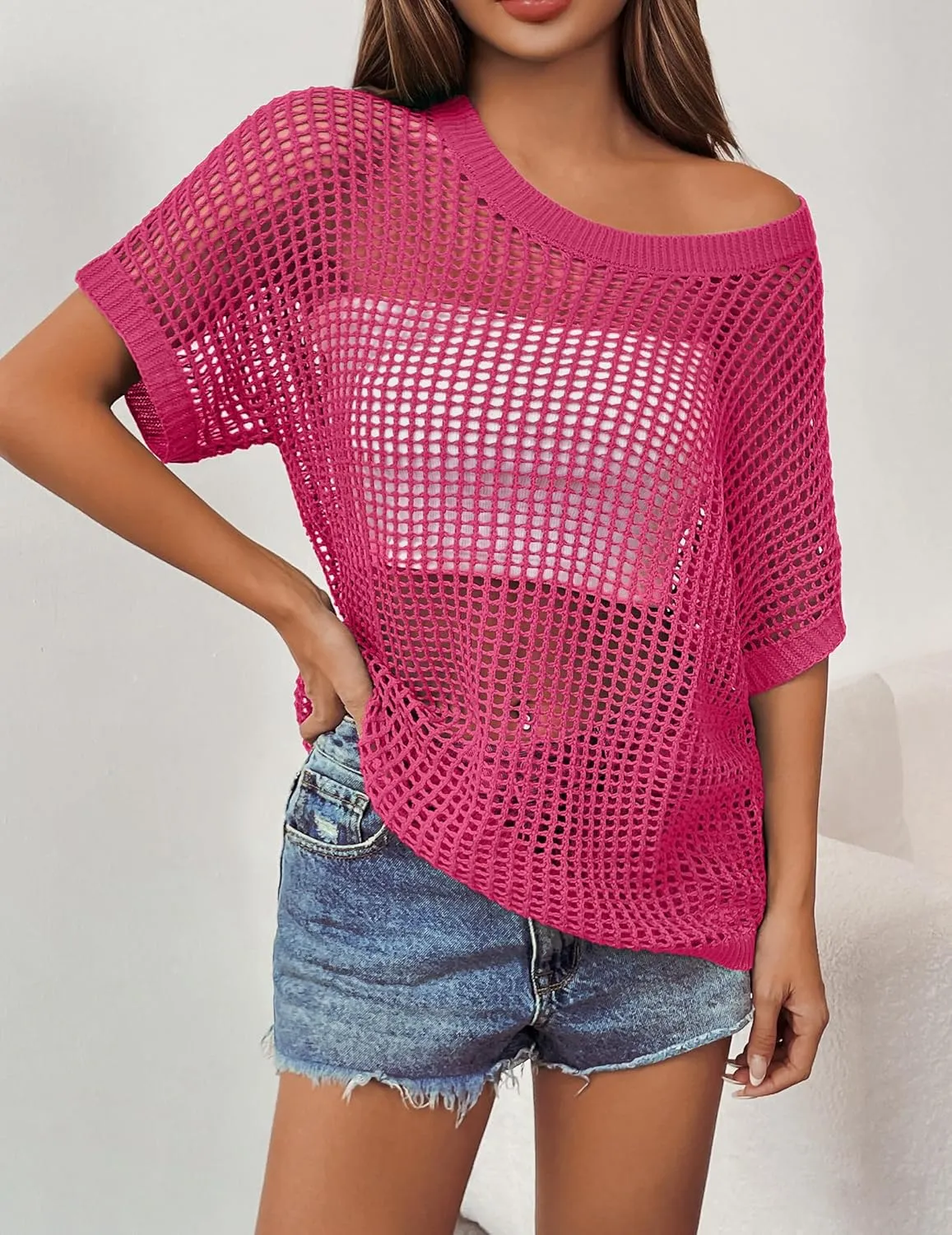 Zeagoo Short Sleeve Crochet Sweater Tops